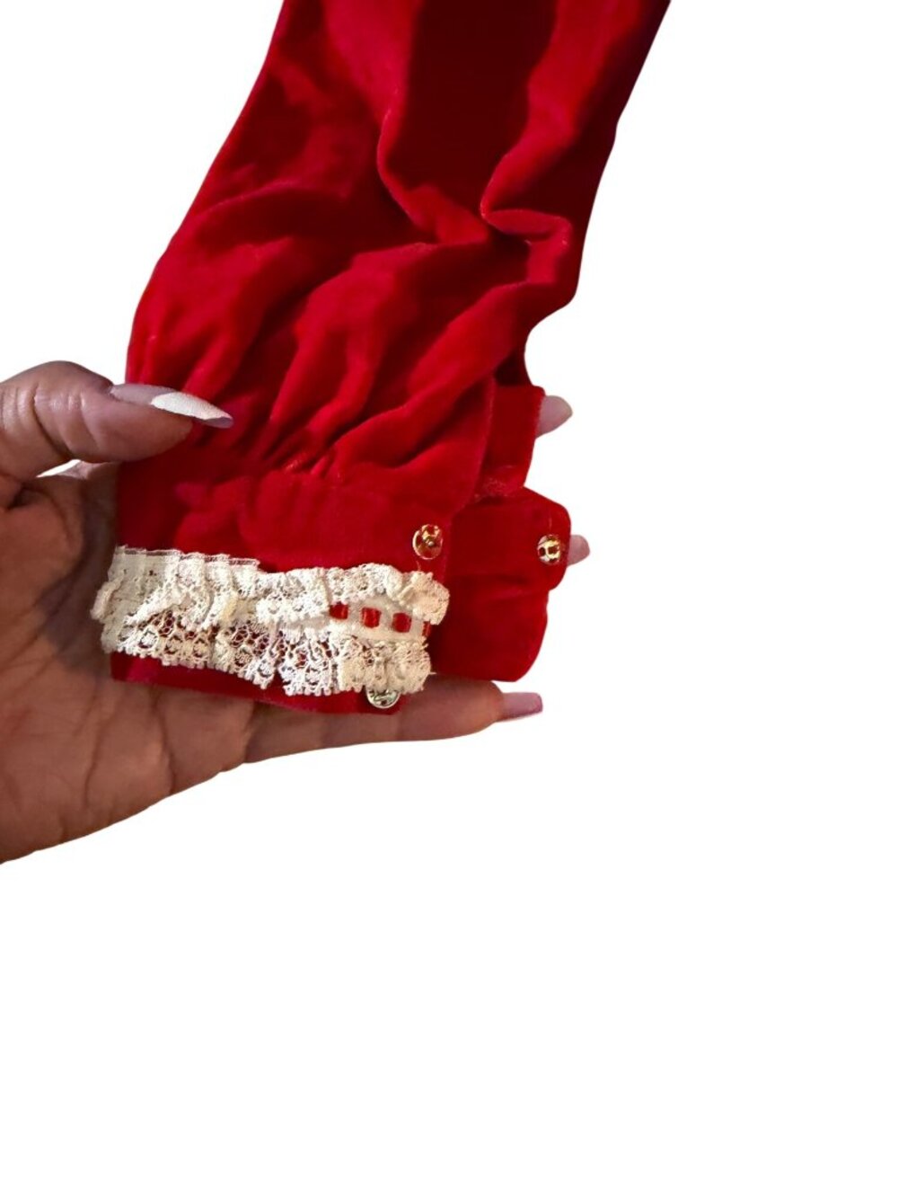 Vintage Mrs. Clause Red Velvet Dress With White Fur Trim & Lace Collar - Picture 4 of 11